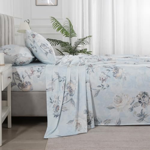Image of Dusty Blue Floral Percale Sheets California King Deep Pocket, 4Pcs | 100% Cotton Neutral Print Sheet Set, Flower Leaf Farmhouse Bed Sheets, Cottage Core Designer Bedding, French Country, Coastal