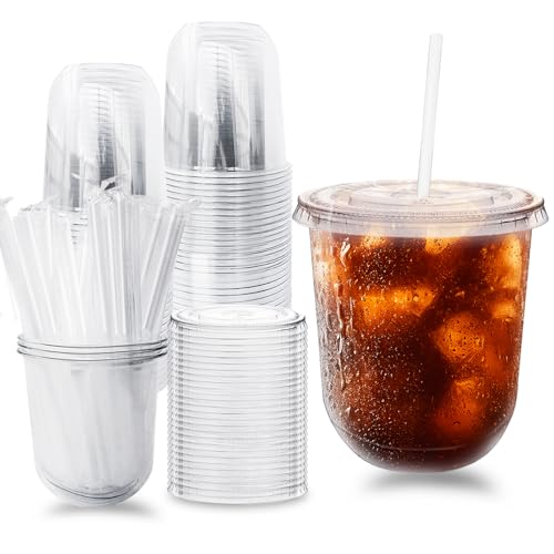 Alaeseje 50 Pack Clear Plastic Cups with Lids and Straws 12 oz Disposable Iced Coffee Cups PET Crystal Cups Round Bottom To Go Cup for Iced Coffee Juice Smoothie Cold Beverage