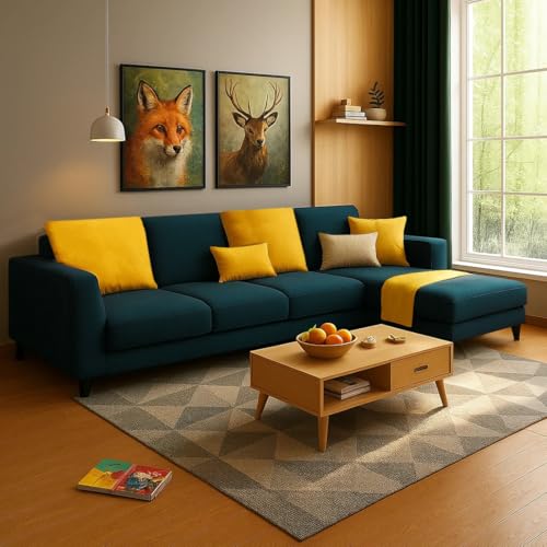 FURNY Mexica 5 Seater Fabric RHS L Shape Sofa Set (Teal)