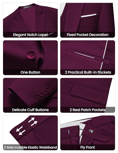 Image of WULFUL Men's Slim Fit Suit One Button 3-Piece Blazer Dress Business Wedding Party Jacket Vest & Pant