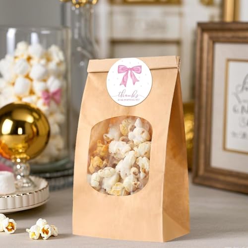 Image of 24 PCS Small Paper Popcorn Bags with Pink Bow Stickers, Thanks for Popping by Tags Popcorn Bags with Clear Window, Baby Shower Treat Bag for Packaging Bakery Candy Cookie