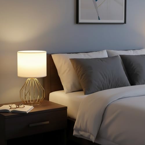 Lámpara de Mesa Dorada para Dormitorio con Pantalla de Tela Blanca miniatura 5