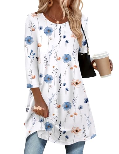 Zeagoo Summer Blouses for Women Loose Fit 2026 3/4 Sleeve Floral Tunic Tops for Leggings Cute Crew Neck Tee Shirts
