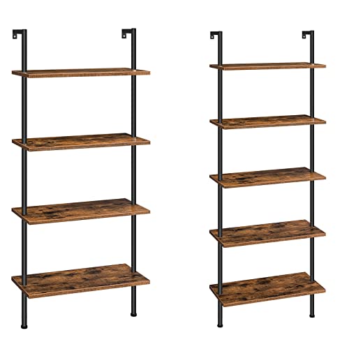 Hoobro 5-Tier Diy Ladder Shelf And 4-Tier Wall Mounted Bookshelf Bundle, Office Vertical Bookcase Wooden Storage Shelves For Home Office, Bedroom, Rustic Brown And Black Bf53Cj01-Bf43Cj01 #TOP12