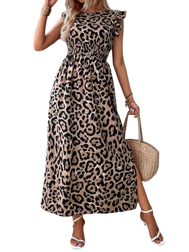 SweatyRocks Leoparden Kleid Damen Lang Sommerkleid Maxikleid Mit Leo Print Kleid Mit Schlitz Strandkleid Langes Rüschenkleid Blusenkleid Leoparden M