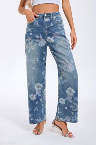Jeans for Women Floral High Waisted Straight Leg Stretchy Jeans Summer Cute Printed Denim Pants3