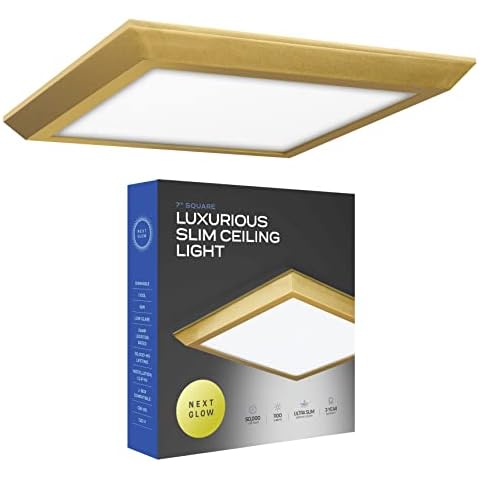 Next Glow Flush Mount LED Ceiling Light 7 inches 16W 1100 Lumen Dimmable Surface LED Light Fixture for Closet Kitchen Bedroom Ceiling Lights Square Brass 3000K Warm White, Easy Installation Cover