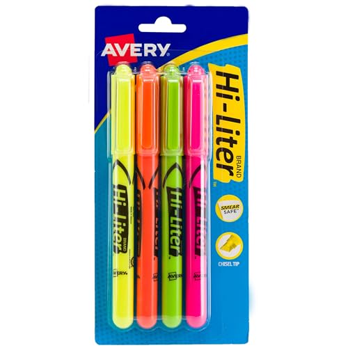 Image of Avery Hi-Liter Pen-Style Highlighters, Smear Safe Ink, Chisel Tip, 4 Assorted Color Highlighters (23545)