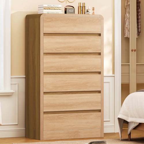 Image of TEENFON Tall Dresser for Bedroom with 6 Drawers, 49.2 inch Tall Dressers & Chest of Drawers with Curved Profile Design, Wood Closet Storage Dressers Organizer for Bedroom, Living Room, Natural