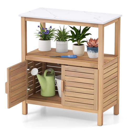 COSTWAY Pflanztisch mit Unterschrank, Gartenschrank Holz, Terrassenschrank mit Arbeitsplatte, Ablagefach & Schrank, Outdoor Aufbewahrungsschrank...