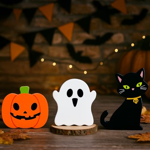 Halloween Decorations for Indoor Home 3 Pcs, Cute Wooden Pumpkin Ghost Black Cat Decor for Tabletop Tiered Tray, Halloween Centerpiece Sign for Desk Fireplace Office Shelf Farmhouse Rest Bathroom Dorm