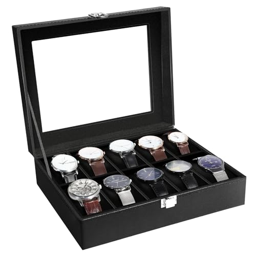 Image of Uten Watch Box 10 Slots, Watch Box for Men, Watch Display Case, Watch Storage Box with Removable Cushion, Metal Clasp, PU Leather, Black