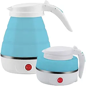 RENESMEE Travel Folding Electric Kettle, Fast Boiling, Portable Electric Kettle, 600ml Boil Dry Protection, 100-240V Food Grade Silicone Foldable Kettle (White, Blue), 600 watts
