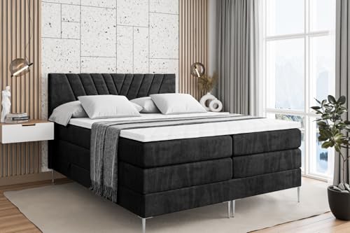 ALTDECOR Boxspringbett mit Silber Füßen, Matratze und Lattenrost, Topper, Polsterbett mit Bettkasten, Bett mit Stauraum H3- und H4- Matratze, Doppelbett -ERNINA-FS KING-200x200 - Schwarz Casablanca