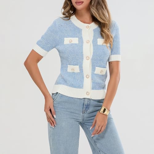 Womens Short Sleeve Button Down Cardigans Sweater Cropped Lightweight Crew Neck Elegant Knit Tops with Pockets3