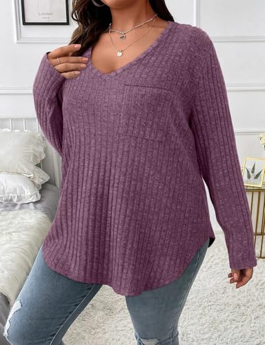 Image of Koscacy Women Plus Size Casual Knit Sweater with Pocket V Neck Solid Color Tops Lightweight Long Sleeve Blouses