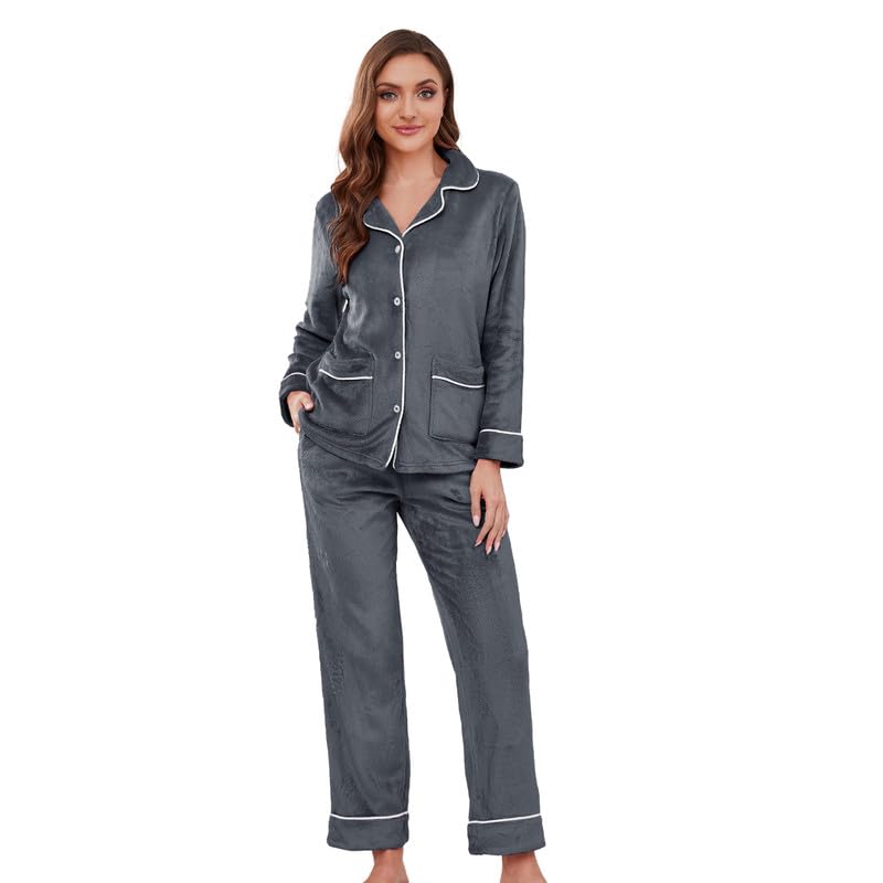 Women Fleece Pajama Set, Long Sleeve Button-Down Soft Comfy Two-Piece Sleepwear Lounge Set