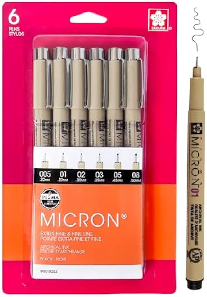 SAKURA Pigma Micron Fineliner Pens - Archival Black Ink Pens - Pens for Writing, Drawing, or Journaling - Assorted Point Sizes - 6 Pack