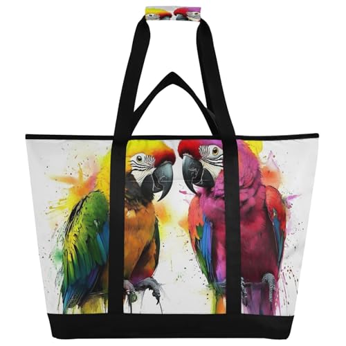 Parrot Watercolor Colors Large Insulated Reusable Tote Bag for Grocery Shopping for Women Men, Cooler Bag with Zippered Top & Handles for Travel Beach Picnic