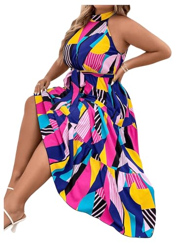 Image of Floerns Women's Plus Size Boho Sleeveless Halter Neck Tie Back A Line Long Dress