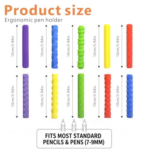 10 PCS Textured Silicone Pencil Grips for Adolescents & Adults, ADHD & Autism Sensory Tools, Stress Relief Anxiety Reduction Grip Covers， Improve Focus & Motor Skills