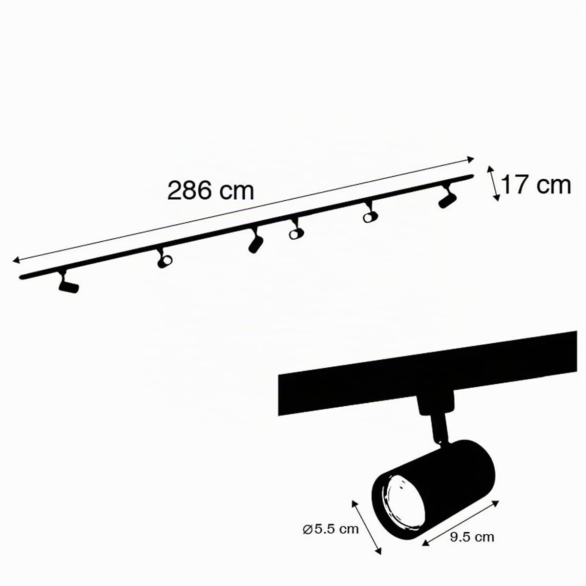 QAZQA Système d'éclairage sur rail moderne avec 6 spots noirs monophasés 300 cm - Iconic Jeana