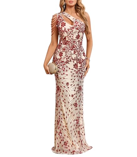 Image of Cololura Women Sequin Elegant Sexy One Shoulder Tassel Mermaid Bodycon Cocktail Evening Dress