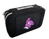 Estuche escolar compatible con Fortnite hoja negra de 3 niveles con cremallera completa + llavero juego cubo + bolígrafo multicolor