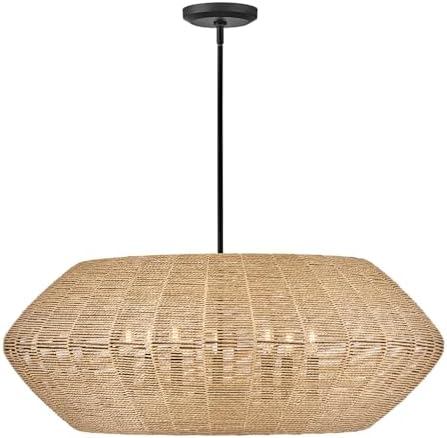 Hinkley Luca Large Convertible Drum Pendant Chandelier - Lisa McDennon, Bohemian, 7-Light, Coastal - Black with Camel Colored Woven Shade