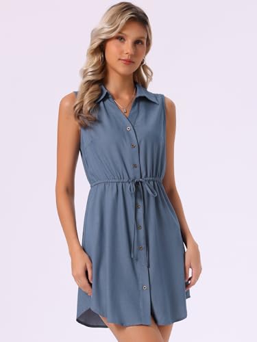 Image of Allegra K Women's Chambray Dress Sleeveless Button Down Jean Denim Shirt Dresses