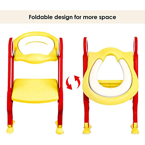 Mangohood Potty Training Toilet Seat with Step Stool Ladder for Boys and Girls Baby Toddler Kid Children Toilet Training Seat Chair with Handles Padded Seat Non-Slip Wide Step (Red Yellow)
