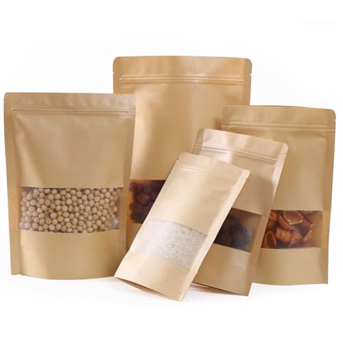 MORAINJAY 50P Bolsas de Kraft con Ventana y Cierre Hermético,18 * 26+4cm Bolsas de Papel Resellables para Café, Frutos Secos, Snacks y Té - 6 Tamaños,Base Ancha y Superficie para Escribir