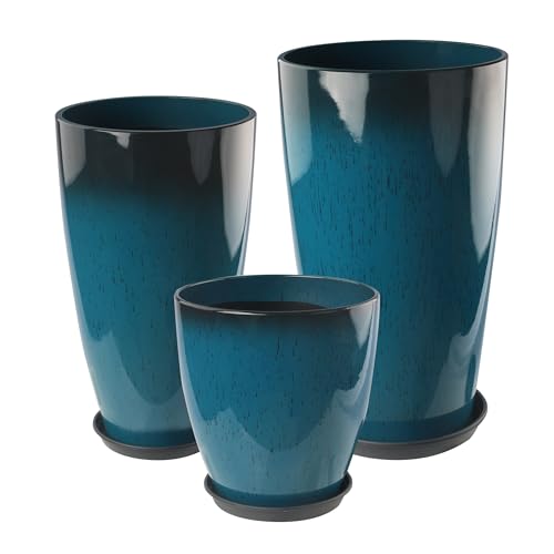 Goldshire 24-21-11 Inch Tall Planters Set of 3 Indoor Outdoor Blue Glossy Round Planter with Drainage Hole and Saucer Large Decorative Plant Pots for Home Garden Porch (Blue)