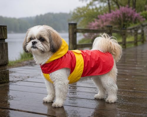 Image of Waterproof Dog Raincoat with Hood | Double Coloured Red-Yellow | Adjustable Velcro | Extra Coverage | Easy to Carry Pouch | for Small, Medium and Large Breed Dogs