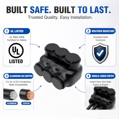 Insulated Multi Cable Connectors Single Entry 3 Port Splice Electrical Power Connector Black Interconnect Terminals Pre Filled (2-14 AWG Wire Range) 4PCS - Image 6