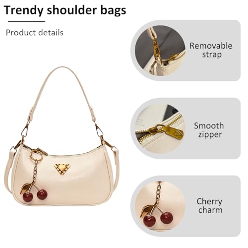 Crescent Shoulder Bag for Women Small Hobo Bags Trendy Vegan Leather Crossbody Cherry Handbag with 2 Removable Straps4