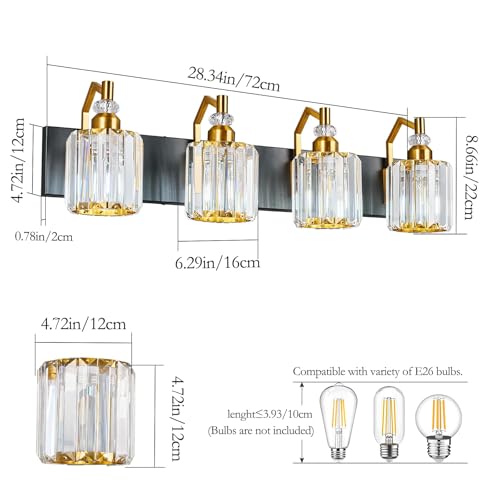 Image of 4 Light Bathroom Vanity Light Modern Black Gold Vanity Light Bathroom Light Fixtures Over Mirror Crystal Vanity Lighting Fixtures