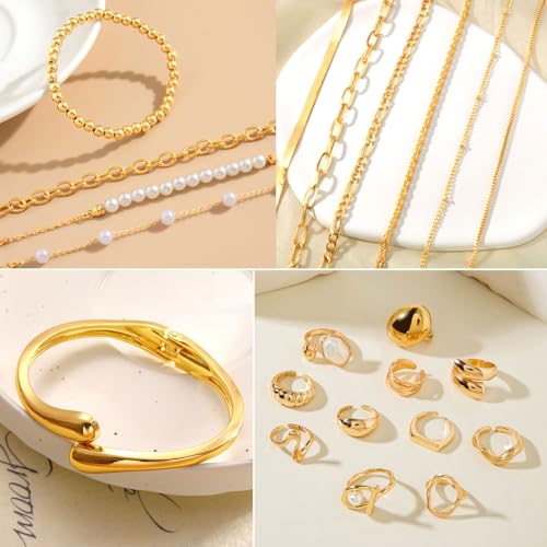 Image of CHICUTIE Gold Jewelry Set For Women,14k Gold Plated Multi Layer Necklaces Bracelets Hoop Earrings Set Stackable Knuckle Rings, Trendy Elegance Charms Non Tarnish Minimalist Textured Boho Jewelry Gift