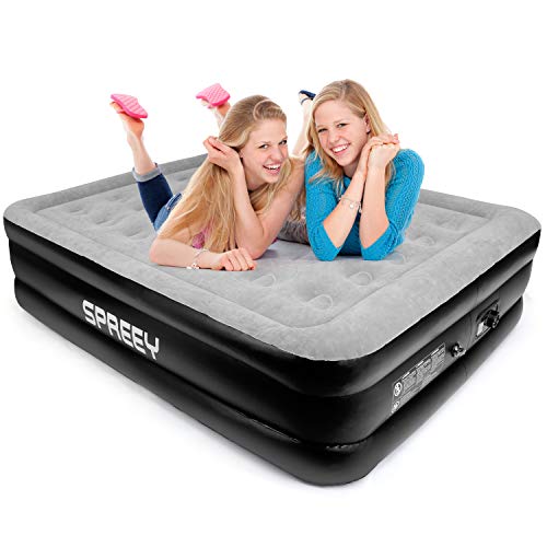 SPREEY Matelas gonflable : 203 x 152 x 51 cm Lit d'invités double matelas gonflable avec pompe à air électrique intégrée / Airbed avec sac de rangement et écusson (extra large)