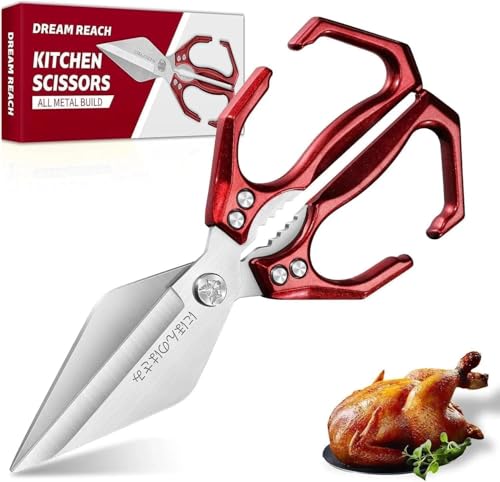 Dream Reach Poultry Shears - Heavy Duty Kitchen Scissors for Food with Ergonomic Handle, Japanese High-Carbon Steel Culinary Shears for Chicken, Meat, Seafood, Bone Cutting, Christmas Gifts (Red)