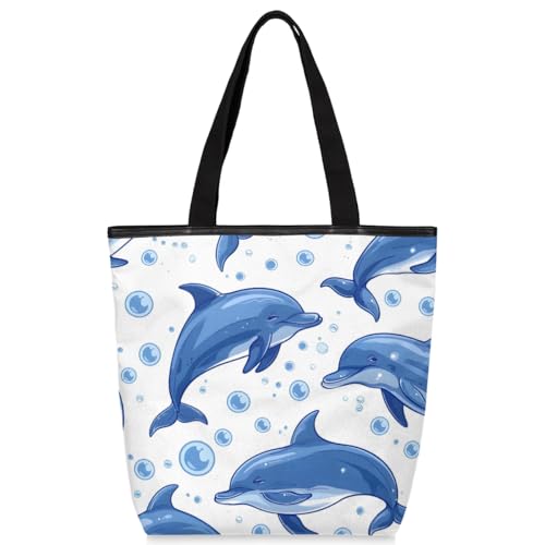 Mularoka Cartoon Dolphin Bubble Canvas Tote Bag with Zipper and Pockets Canvas Tote Shopping Bag Women Reusable Grocery Bag for Beach Travel Gym Shopping