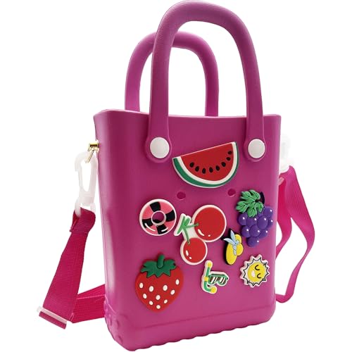 Small Rubber Beach Bag Waterproof Mini Eva Tote Pool Bag With Holes and Crossbody Strap For Women (color-Fuchsia)