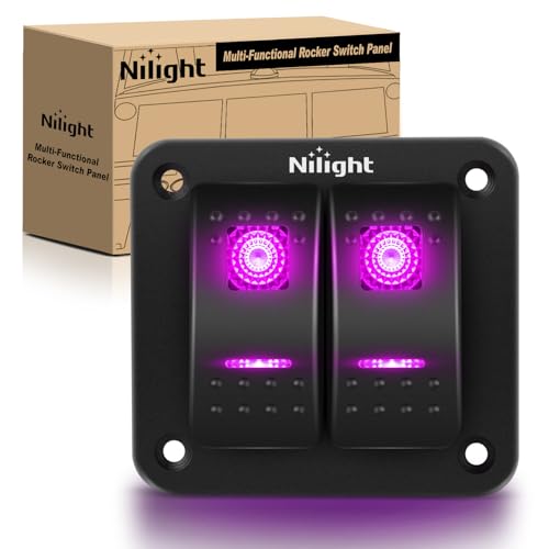 Image of Nilight 2 Gang Rocker Switch Panel w /Purple LED Light 5Pin On Off Pre-Wired | Aluminum Toggle Switches Waterproof for 12V /24V Cars Marine Boats ATVs Trailers RV Trucks
