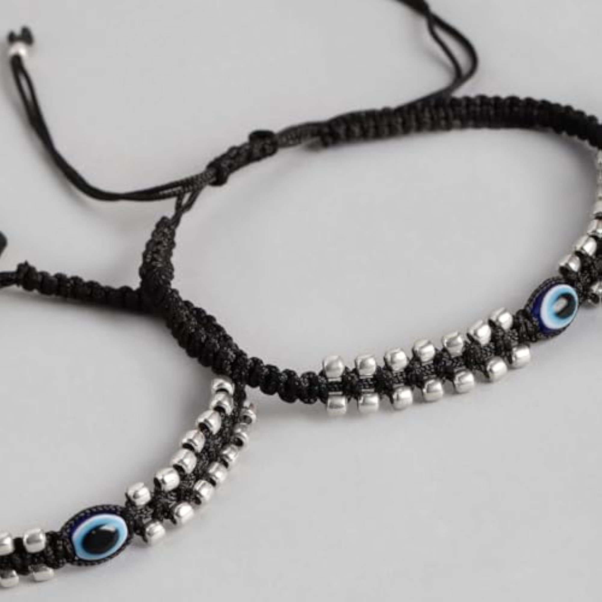 925 Silver Evil Eye Rhodium Plated Thread Anklet Pair