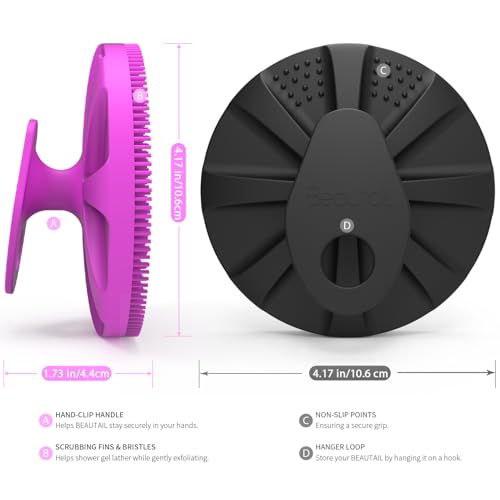 Image of BEAUTAIL Silicone Body Scrubber, Gentle Exfoliating Brush for All Skin Type | Lather Well Shower Scrubber for Body, Hygienic Silicone Loofah, Bath Essential for Women, Men & Kids. 2-Pack, Purple+Black