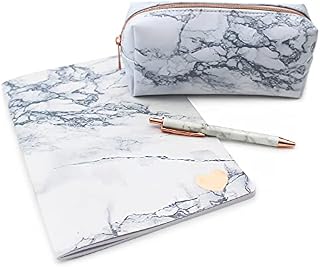 Fashion Stationery White Marble Pencil Cases Lined Notebook Notepad & Ballpoint Pen Girls Ladies Teenagers Birthday Gifts for Women