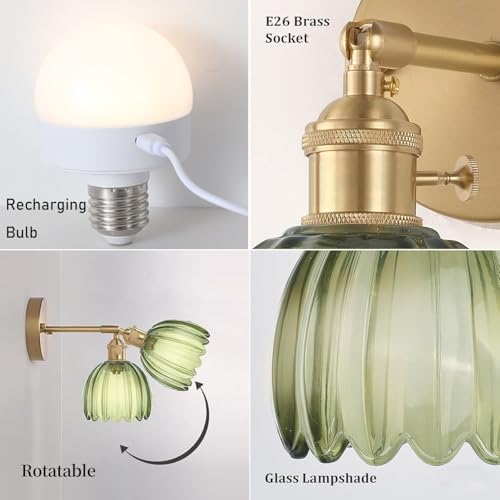 Image of Battery Operated Wall Sconce with Green Tulip Glass Shade, Rechargeable Wireless Wall Light Fixture with Remote for Bedside,Bathroom, Bedroom