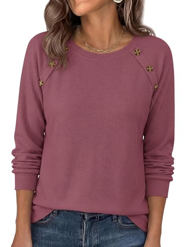 PRETTYGARDEN Fall Long Sleeve Waffle Knit Shirts for Women Loose Tunic Tops