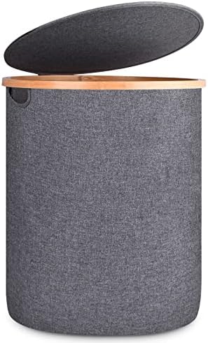 SUPDEJA 90L Laundry Hamper with Lid - Large Laundry Basket with Bamboo Handles, Dirty Clothes Hamper for Laundry, Oxford Tall Round Laundry Baskets for Bathroom and Bedroom