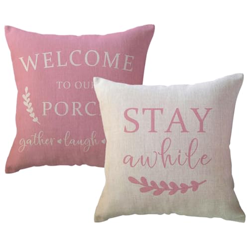 ULOVE-LOVE-YOURSELF-Porch-Decor-Throw-Pillow-Covers-18x182Pack-Country-Farmhouse-Pillowcases-Welcome-to-Our-Porch-Stay-Awhile-Front-Porch-Bench-Decor-Cushion-Covers-Pink ULOVE LOVE YOURSELF Porch Decor Throw Pillow Covers 18x182Pack Country Farmhouse Pillowcases Welcome to Our Porch Stay Awhile Front Porch Bench Decor Cushion Covers Pink